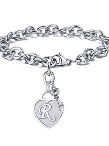 1pc Fashionable Heart Shaped Key & 26 English Letters Charm Bracelet, Chain Type