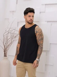 Regata cavada normal liso masculino verão com costura malha lavada - Preto - Visão 3