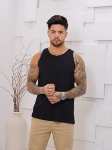 Regata cavada normal liso masculino verão com costura malha lavada - Preto - Visão 1
