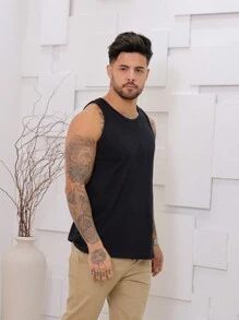 Regata cavada normal liso masculino verão com costura malha lavada - Preto - Visão 2