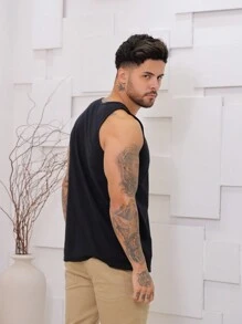 Regata cavada normal liso masculino verão com costura malha lavada - Preto - Visão 7