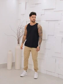 Regata cavada normal liso masculino verão com costura malha lavada - Preto - Visão 5