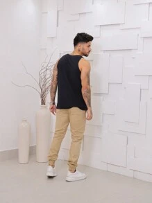 Regata cavada normal liso masculino verão com costura malha lavada - Preto - Visão 6