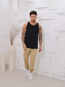 Regata cavada normal liso masculino verão com costura malha lavada - Preto - Visão 4