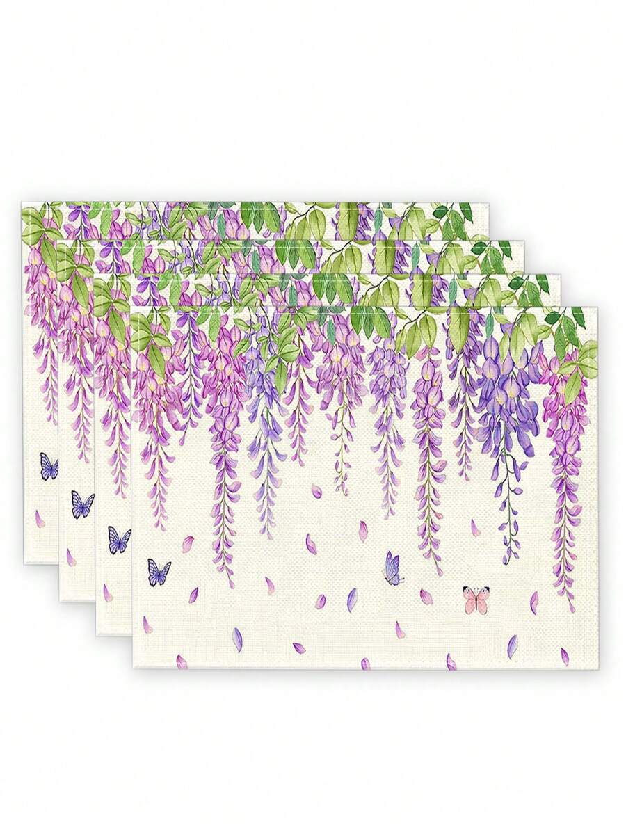 4pcs Lavender Pattern Table Mats & Coasters & Bowl Mats, Rectangle Linen Printed Home Decor For Dining Room & Kitchen - Multicolor - View 1