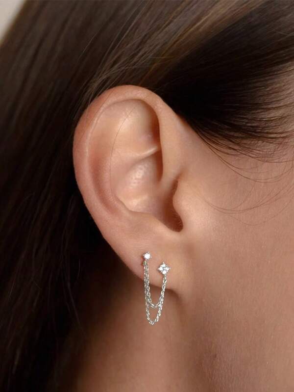 1pc Dual-Piercing Chain Stud Earrings For Women, Fashion Small Hoop Earrings Inlaid With Shiny Zirconia Stone, Sweet Multiple Earrings Chain Tassel Earrings, Suitable For Girls, Christmas Gift