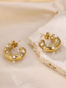 FEEL STYLE 1pair Fashionable Stainless Steel Asymmetrical Shaped Earrings With Faux Pearl Decoration For Women's Daily Wear - Gold - View 5