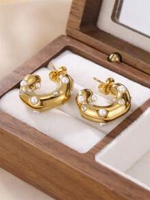 FEEL STYLE 1pair Fashionable Stainless Steel Asymmetrical Shaped Earrings With Faux Pearl Decoration For Women's Daily Wear - Gold - View 2