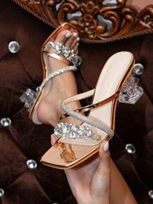 Cadeau de la Saint-Valentin, Sandales de fête pour femmes sexy et charismatiques avec strass métallique champagne, sandales à talons compensés transparents en cristal clair, mules de la Saint-Valentin