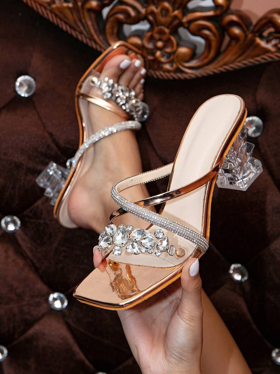 Cadeau de la Saint-Valentin, Sandales de fête pour femmes sexy et charismatiques avec strass métallique champagne, sandales à talons compensés transparents en cristal clair, mules de la Saint-Valentin