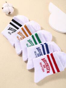 5/10 Pairs Men's & Women's Striped & Letter Graphic Crew Mid-Calf White Socks - Summer Sports Running Trainer Socks Outdoor Travel Camping Mid-Tube Socks Spring, Summer, Fall Autumn & Winter - Soft, Comfortable, Warm & Breathable, Fashionable Cross-Body Casual Crew Socks. Halloween & Christmas Xmas Gift