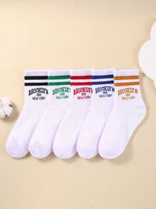 5/10 Pairs Men's & Women's Striped & Letter Graphic Crew Mid-Calf White Socks - Summer Sports Running Trainer Socks Outdoor Travel Camping Mid-Tube Socks Spring, Summer, Fall Autumn & Winter - Soft, Comfortable, Warm & Breathable, Fashionable Cross-Body Casual Crew Socks. Halloween & Christmas Xmas Gift