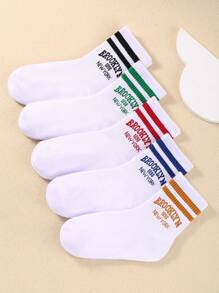 5/10 Pairs Men's & Women's Striped & Letter Graphic Crew Mid-Calf White Socks - Summer Sports Running Trainer Socks Outdoor Travel Camping Mid-Tube Socks Spring, Summer, Fall Autumn & Winter - Soft, Comfortable, Warm & Breathable, Fashionable Cross-Body Casual Crew Socks. Halloween & Christmas Xmas Gift