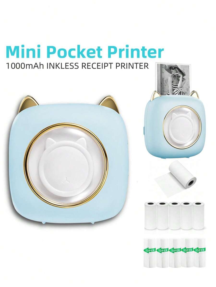 Portable Mini Thermal Printer With 1 Roll Paper, Compatible With Android & Ios, Inkless, Support Printing Of Photos, Lists, Memos, Qr Codes, Notes - Blue - View 1