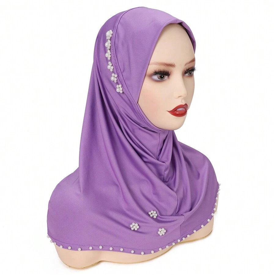 1pc Women's Full Coverage Pearl Hijab - Dusty Purple - View 1