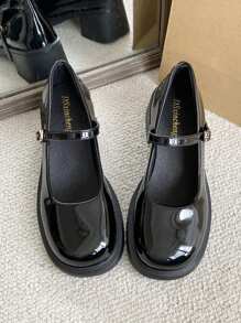 女式時尚學院風黑色圓頭 Pu 皮鞋,可搭配任何服裝 - 黑色 - 查看 7