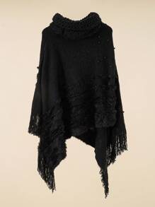 1 件女式高領純色斗篷,帶珍珠裝飾和流蘇,保暖斗篷外套,適合日常穿著