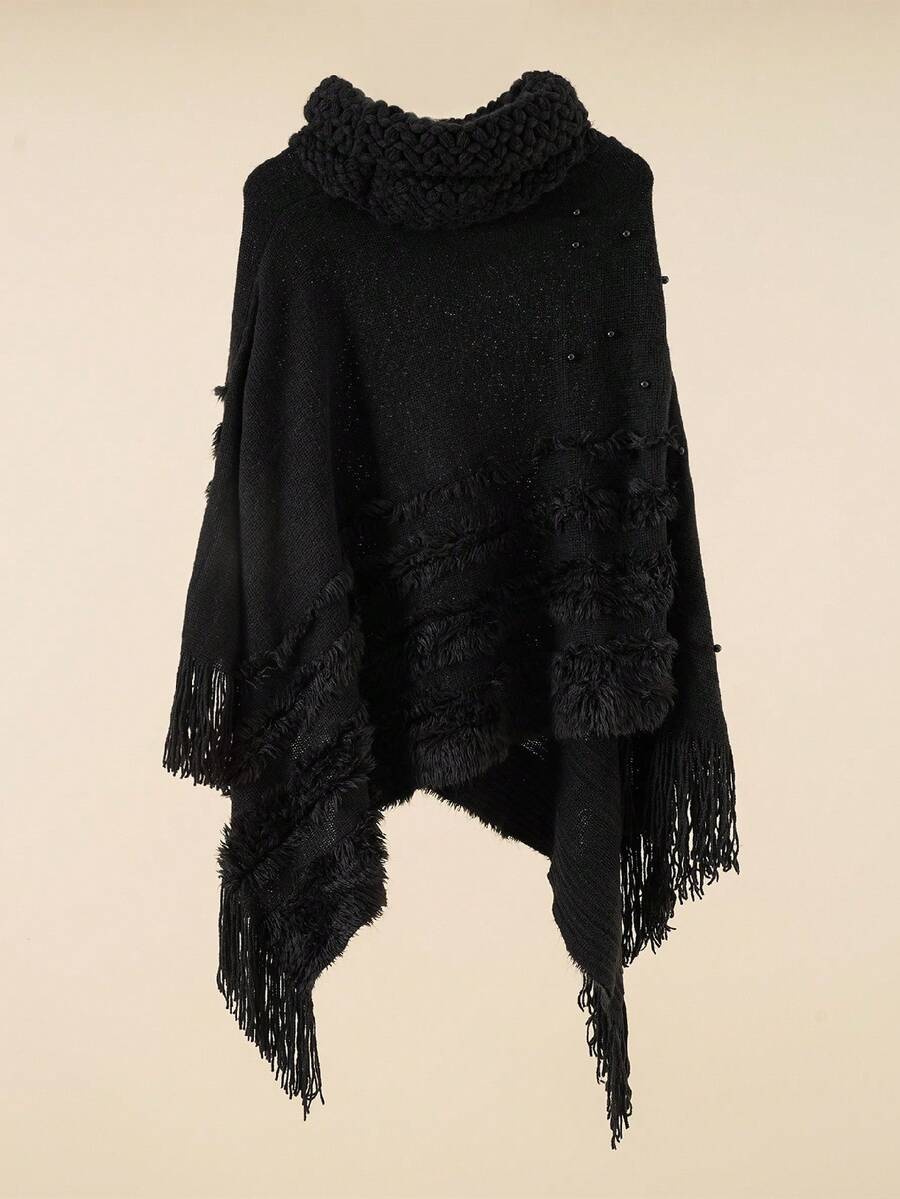 1 件女式高領純色斗篷,帶珍珠裝飾和流蘇,保暖斗篷外套,適合日常穿著