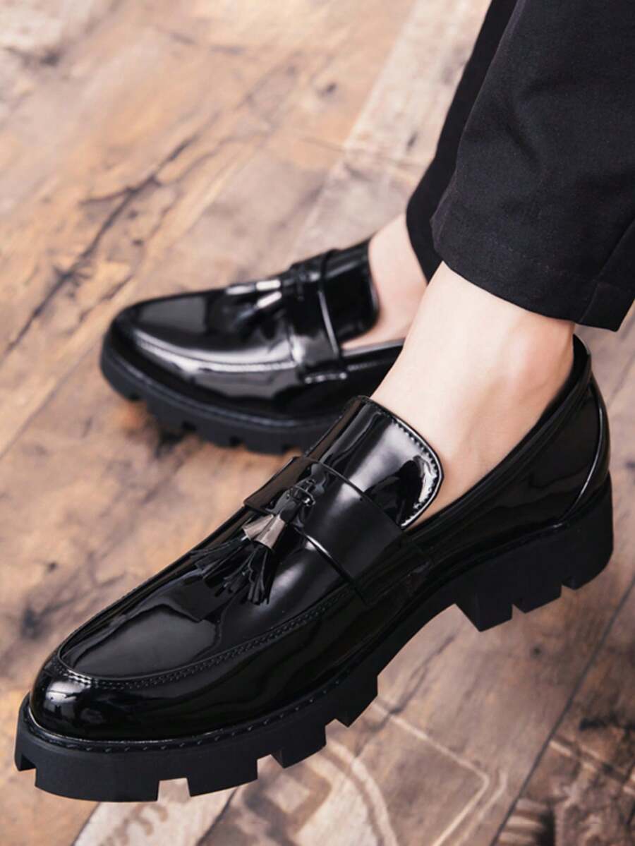 男士潮流閃亮厚底懶人鞋、泵芭,皮革增高、易穿鞋 - 黑色 - 查看 1