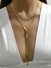1pc Simple Y-shaped Drawstring Adjustable Stainless Steel Ladies' Necklace With Multiple Wearing Styles - Yellow Gold - View 1