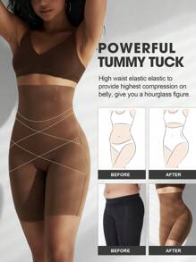 1 pièce Pantalon gainant taille haute à croisillons, legging amincissant, short de sous-vêtement, culotte, gaine taille pour femmes - Tabac - Voir 4