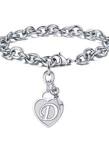 1pc Fashionable Heart Shaped Key & 26 English Letters Charm Bracelet, Chain Type