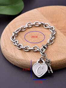 1pc Fashionable Heart Shaped Key & 26 English Letters Charm Bracelet, Chain Type
