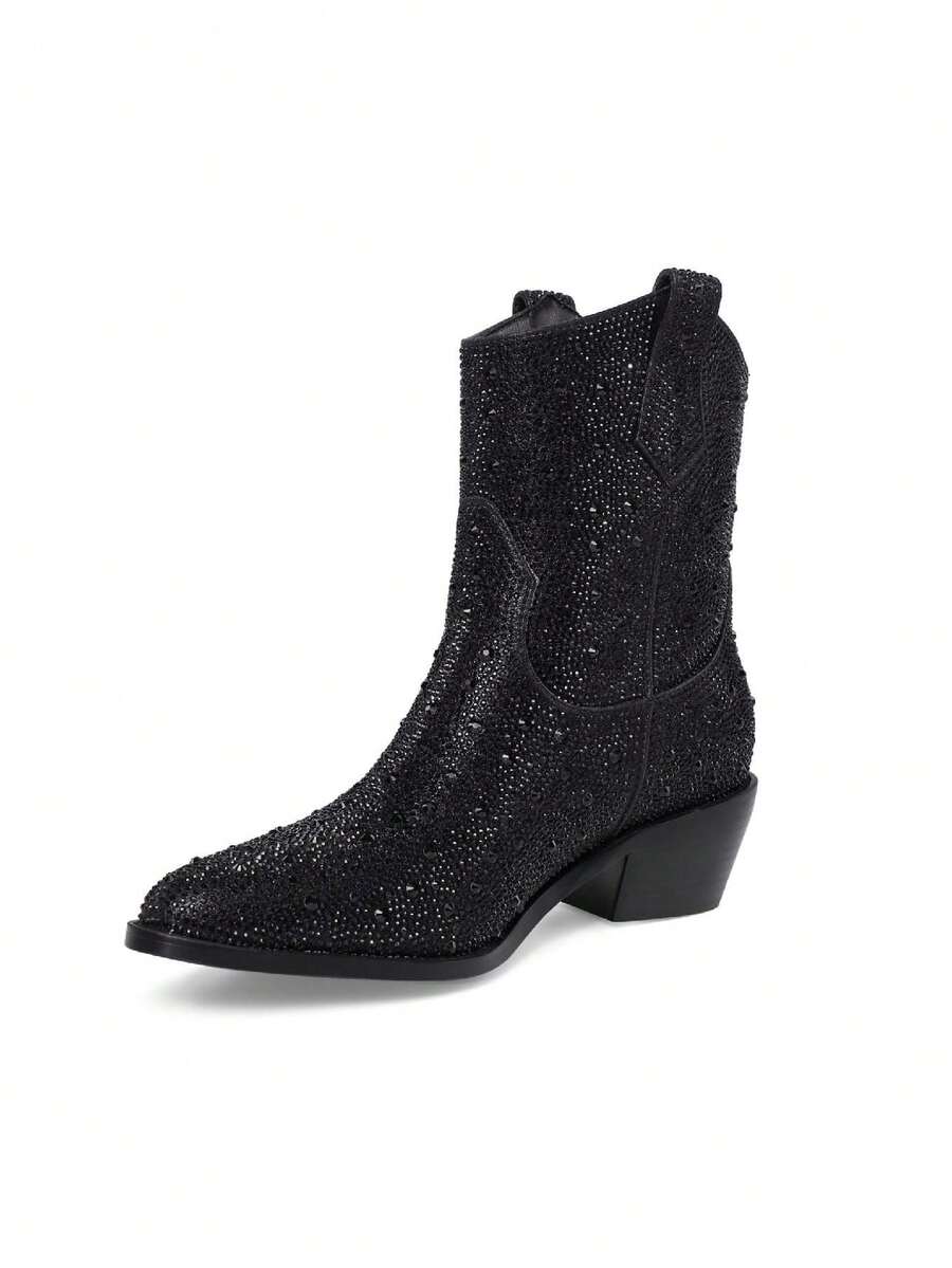 Heafell Của phụ nữ Pha lê Giày ống Cô gái cao bồi Phương Tây Bling Giày Boots Cowboy Long lanh Mắt cá chân Giày ống Ngắn Sợi tổng hợp Pha lê Pointed Toe Giày lười Giày dép Với Sáng bóng Dày Gót chân , Hoàn hảo Đối với Các bữa tiệc , Buổi hòa nhạc , Mua sắm , Âm nhạc Lễ hội , Mùa Thu Và Mùa Đông - màu đen - Xem 1