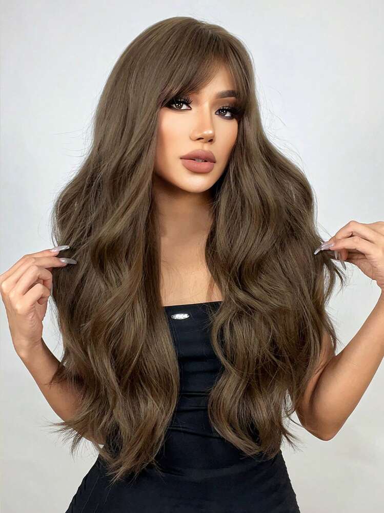 Long Curly Brown Wig With Straight Bangs Woven Chemical Fiber Hair Daily Artificial Scalp SHEIN