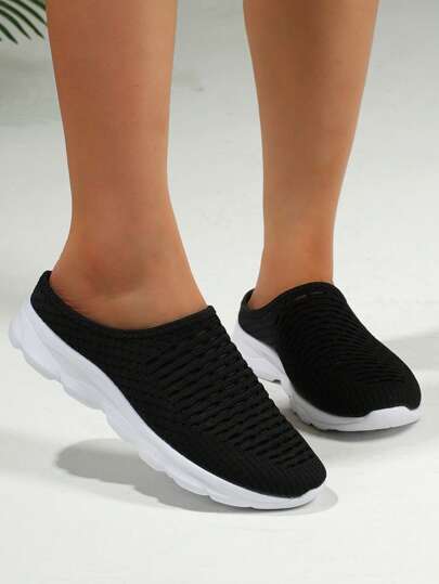 Pantofole Nere Da Donna In Maglia Piatta Per Uso Esterno/interno, Comode Da Indossare Ogni Giorno E Pratiche Per Viaggiare.