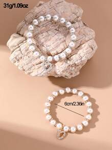 鑲鑽心形吊飾人造珍珠串珠手鍊 - 彩色 - 查看 3