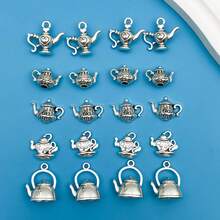 20入組混搭復古銀色荷花茶壺西裝牛仔墜飾耳環女士項鍊手鐲diy首飾製作配件