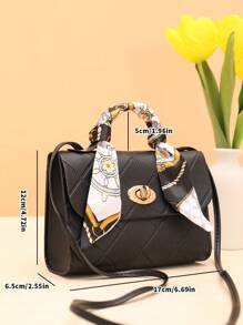 Women Casual Embossed Plaid Small Handbag With Silk Scarf - Black - View 5