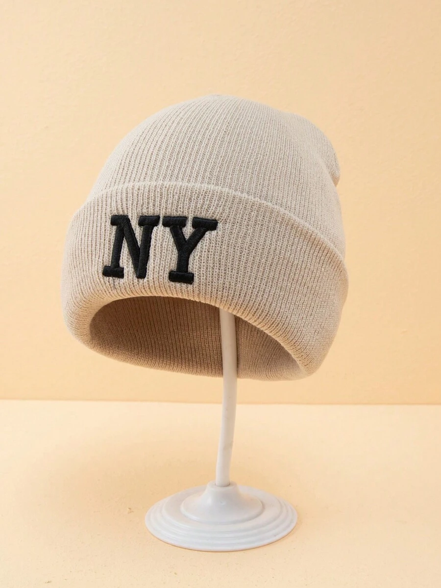 1piece Men's 3d Embroidery Knitted Hat With Ny Lettering, Suitable For Fall And Winter Outfits Casual - Beige - View 1