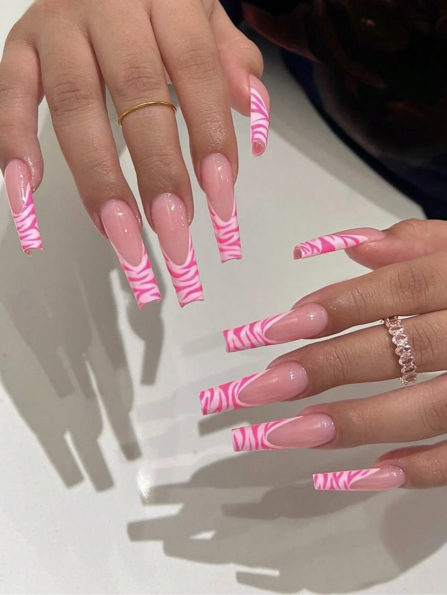 24pcs Y2K Style Cute Coffin-Shaped Pink Striped False Nails Set With 1pc Nail File And 1pc Jelly Gel Press On Nails Nail Supplies - Multicolor - View 1