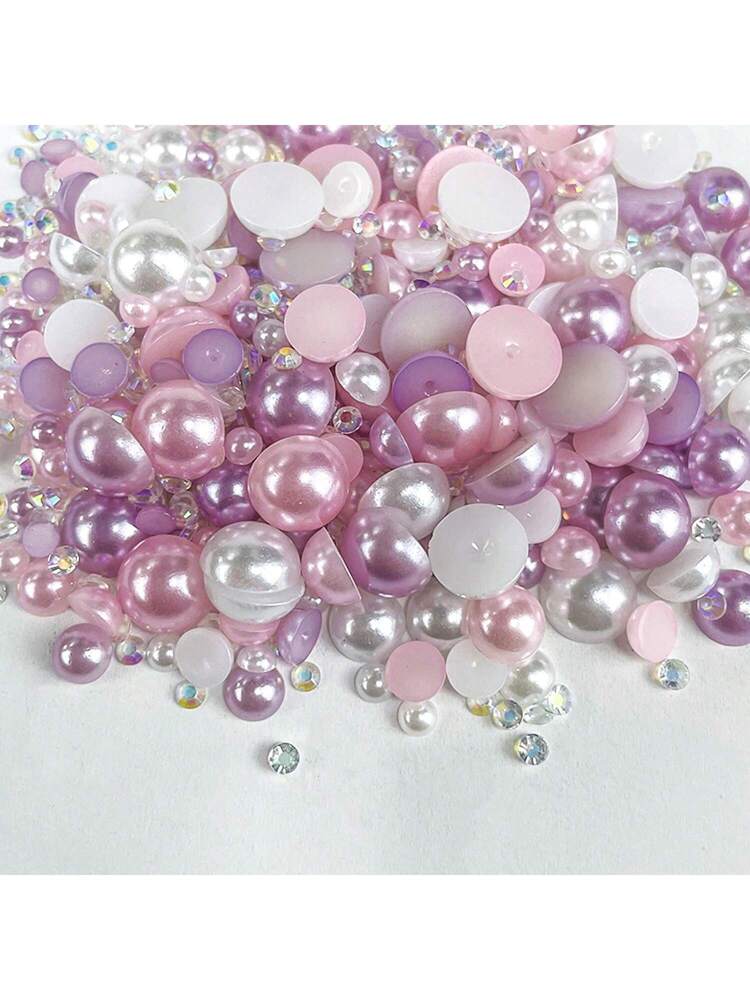 1100Pcs Flatback Pearls & Rhinestones, 30G Mixed Size 3Mm-10Mm Ab Color Resin Rhinestones In Purple & Pink, Half Round Flatback Pearls & Rhinestones, Used For Nail & Facial Art Craft Jewelry Decoration, Bottles, Cups, Nail Art, Clothing And Shoes. Diy Nail Charms Nail Gems Nail Supplies Nails