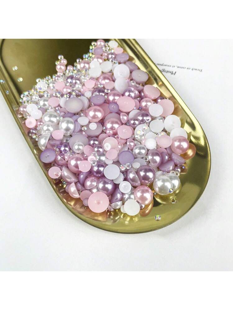 1100Pcs Flatback Pearls & Rhinestones, 30G Mixed Size 3Mm-10Mm Ab Color Resin Rhinestones In Purple & Pink, Half Round Flatback Pearls & Rhinestones, Used For Nail & Facial Art Craft Jewelry Decoration, Bottles, Cups, Nail Art, Clothing And Shoes. Diy Nail Charms Nail Gems Nail Supplies Nails