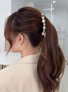 Elegante clip de pelo de banana con decoración de perlas y diamantes de imitación - Blanco - Ver 1