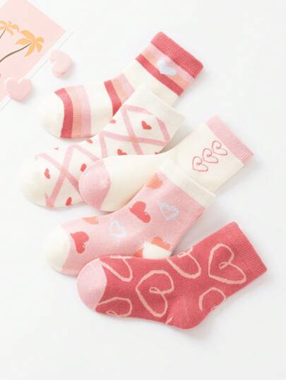 5對裝女生秋季粉色心形條紋彩色高彈性吸汗舒適襪子,帶有色塊拼接設計,春秋風格,休閒運動學院風格,新品上市,搭配運動鞋,跑步鞋適用,受歡迎的色彩,公主風格和優雅的淑女風格,適用於學生女孩粗厚款冬季襪子