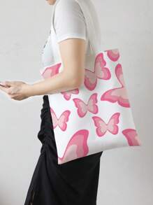 Pink Butterfly Double-Sided Printed Shoulder Tote Bag, Butterfly Bag Valentines