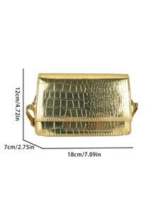 金屬光澤鱷魚紋翻蓋斜肩包 - 金色 - 查看 2