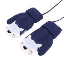 1 Pair Cartoon Fox Jacquard Warm Gloves With Neck String, Thick Plush Knitted Gloves With Soft Lining, Winter Full Finger Mittens For 2-4y Boys And Girls - Navy Blue - View 4