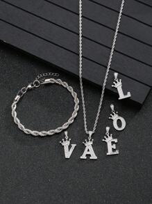 1 Sets Roestvrij Staal Kroon Aanvankelijk Alfabet Gedraaid Touw Halsketting Armbandenset Heren Dames Dagelijks Juwelen Voor Vriendschap & Verjaardagscadeau