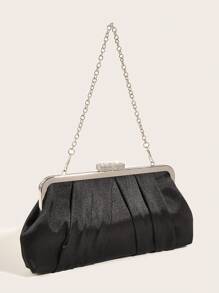 女士緞面鑽石裝飾褶皺手拿包,婚禮晚會晚宴手袋 - 黑色 - 查看 4