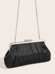 女士緞面鑽石裝飾褶皺手拿包,婚禮晚會晚宴手袋 - 黑色 - 查看 6
