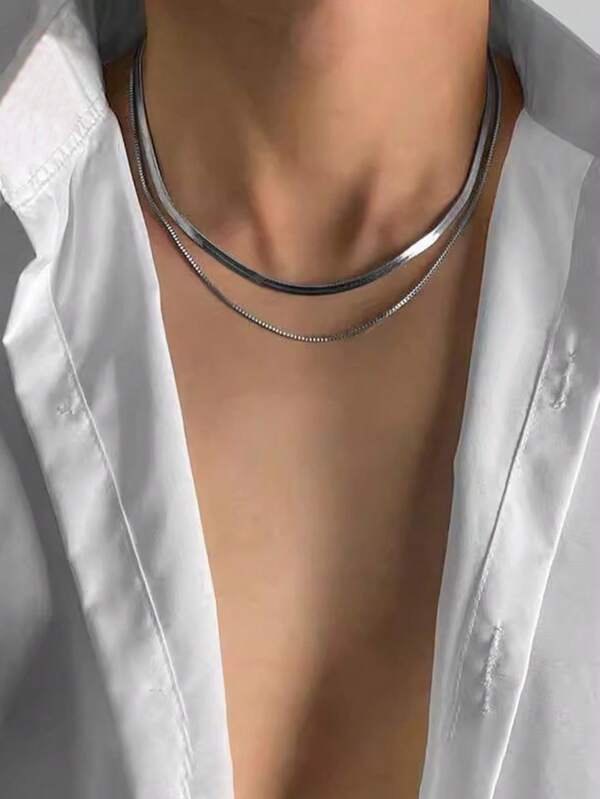 1pc Fashionable Simple Double-layer Stainless Steel Men's Necklace