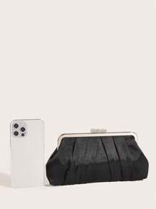 女士緞面鑽石裝飾褶皺手拿包,婚禮晚會晚宴手袋 - 黑色 - 查看 3