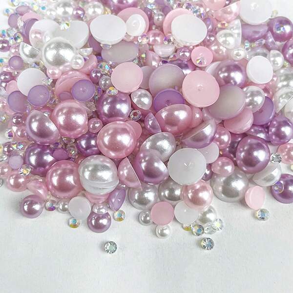 1100pcs Flatback Pearls & Rhinestones, 30g Mixed Size 3mm-10mm Ab Color Resin Rhinestones In Purple & Pink, Half Round Flatback Pearls & Rhinestones, Used For Nail & Facial Art Craft Jewelry Decoration, Bottles, Cups, Nail Art, Clothing And Shoes. DIY Nail Charms Nail Gems Nail Supplies