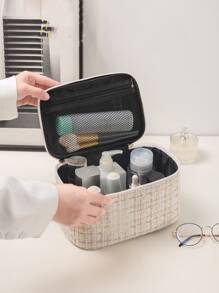 極簡風格大容量女士化妝包,ins風格化妝袋,旅行化妝組織盒,適用於家庭或旅行 - 米色 - 查看 4