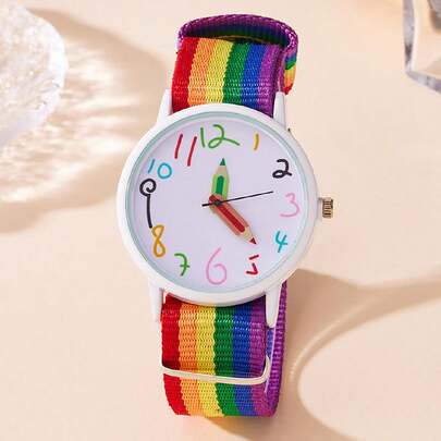 时尚简约卡通蜡笔彩虹帆布表带石英手表